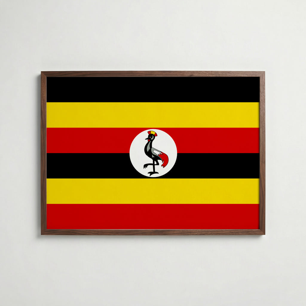 Uganda National Flag Poster i valnötsram – varm konstaffisch för hemmet från Bozetto