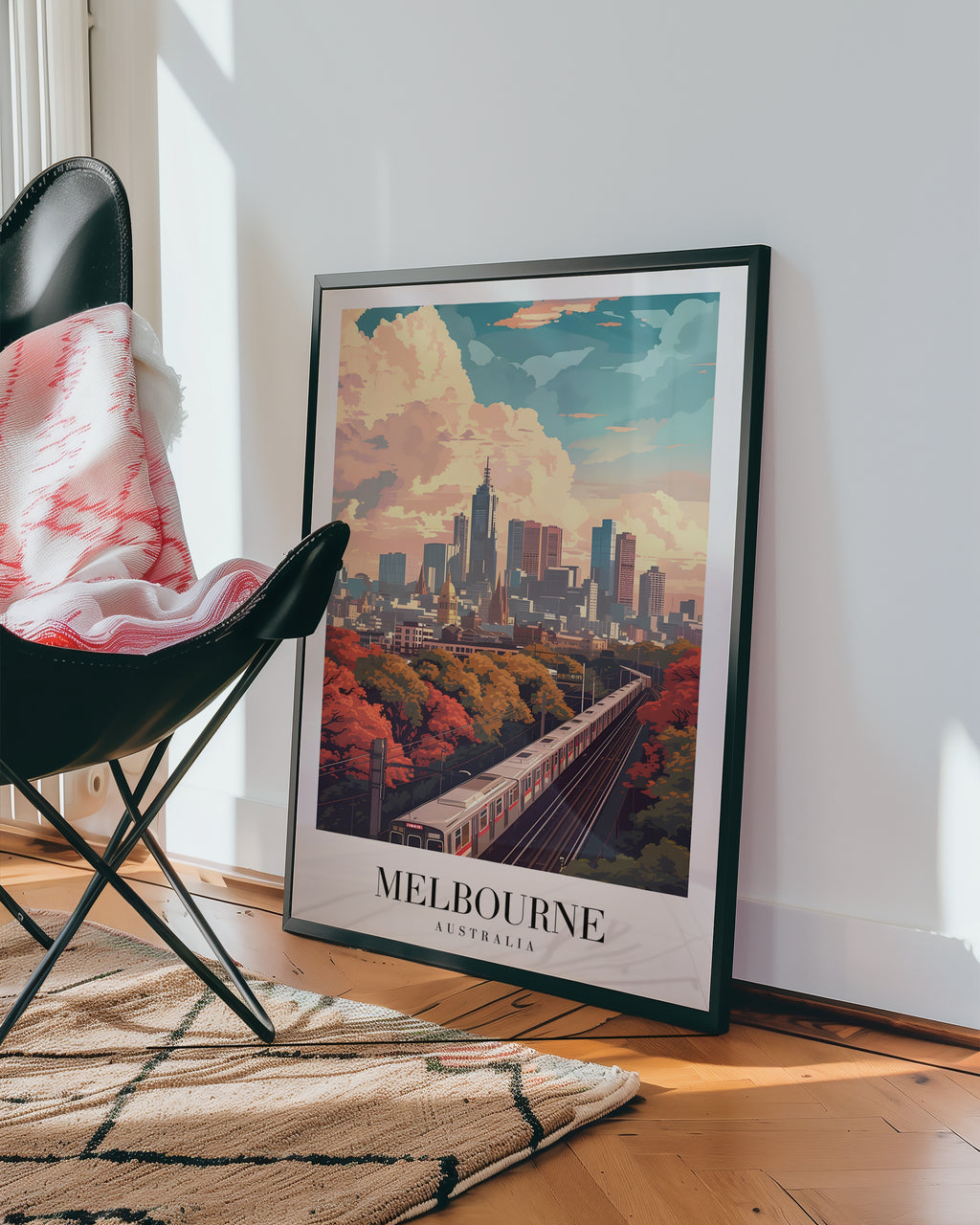 Mockup av Whispers Of Melbourne affisch på vägg – köp enkelt hos Bozetto i hög kvalitet