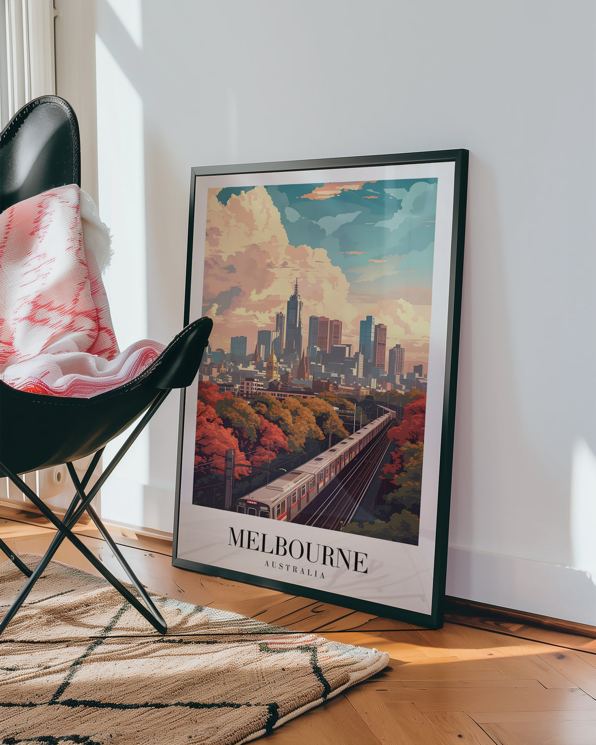 Mockup av Whispers Of Melbourne affisch på vägg – köp enkelt hos Bozetto i hög kvalitet