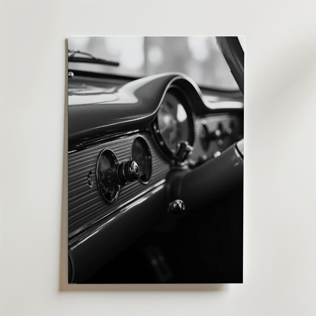 Old School Car Dashboard – stilfullt konsttryck från Bozetto, tryckt på matt finpapper
