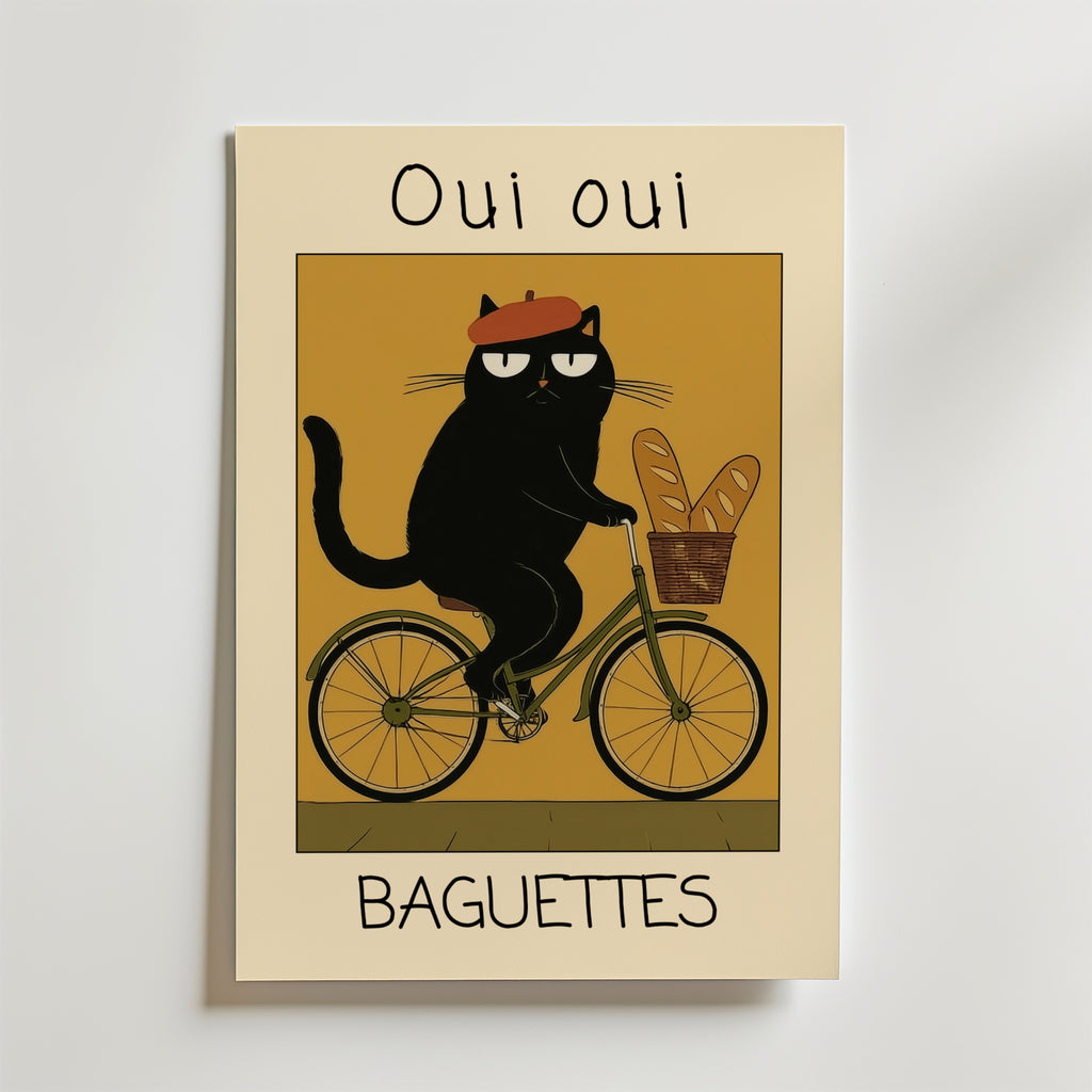French Baguette Cat – stilfullt konsttryck från Bozetto, tryckt på matt finpapper