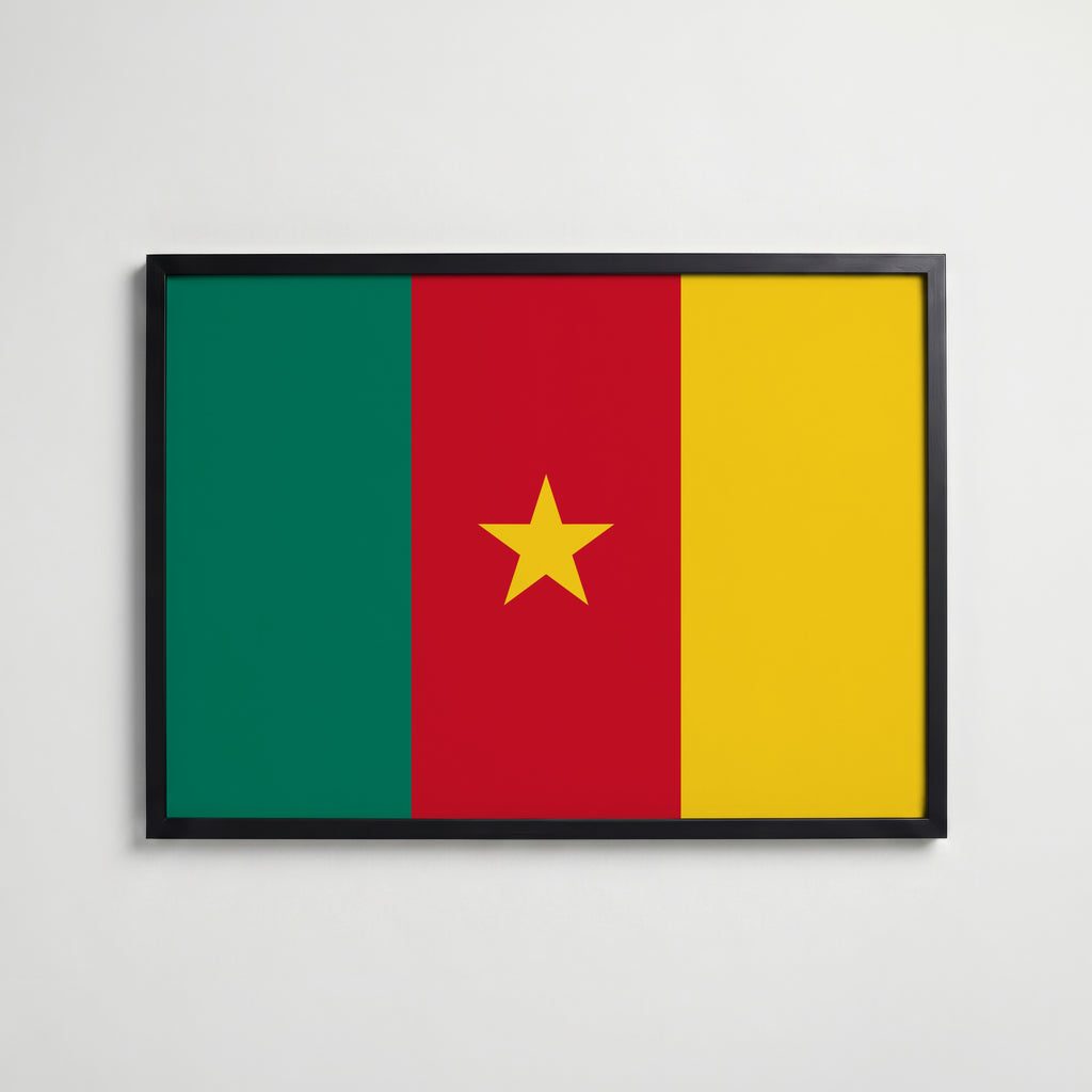 Cameroon National Flag Poster i svart ram – stilren konsttryck som väggdekor från Bozetto