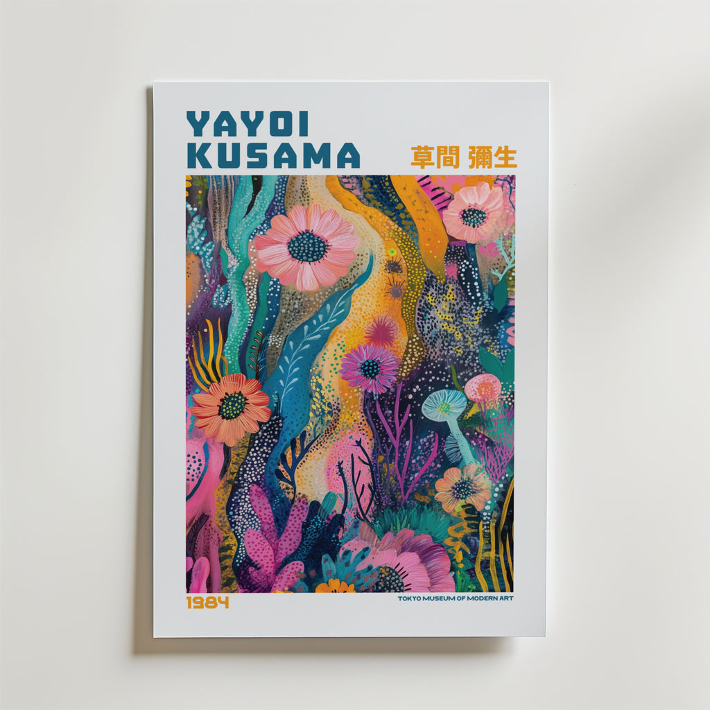 Mockup av Yayoi Kusama Lush Floral affisch på vägg – köp enkelt hos Bozetto i hög kvalitet