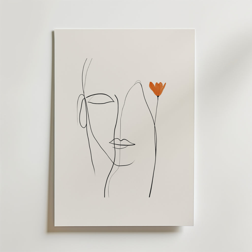 Orange Flower Line Face – stilfullt konsttryck från Bozetto, tryckt på matt finpapper
