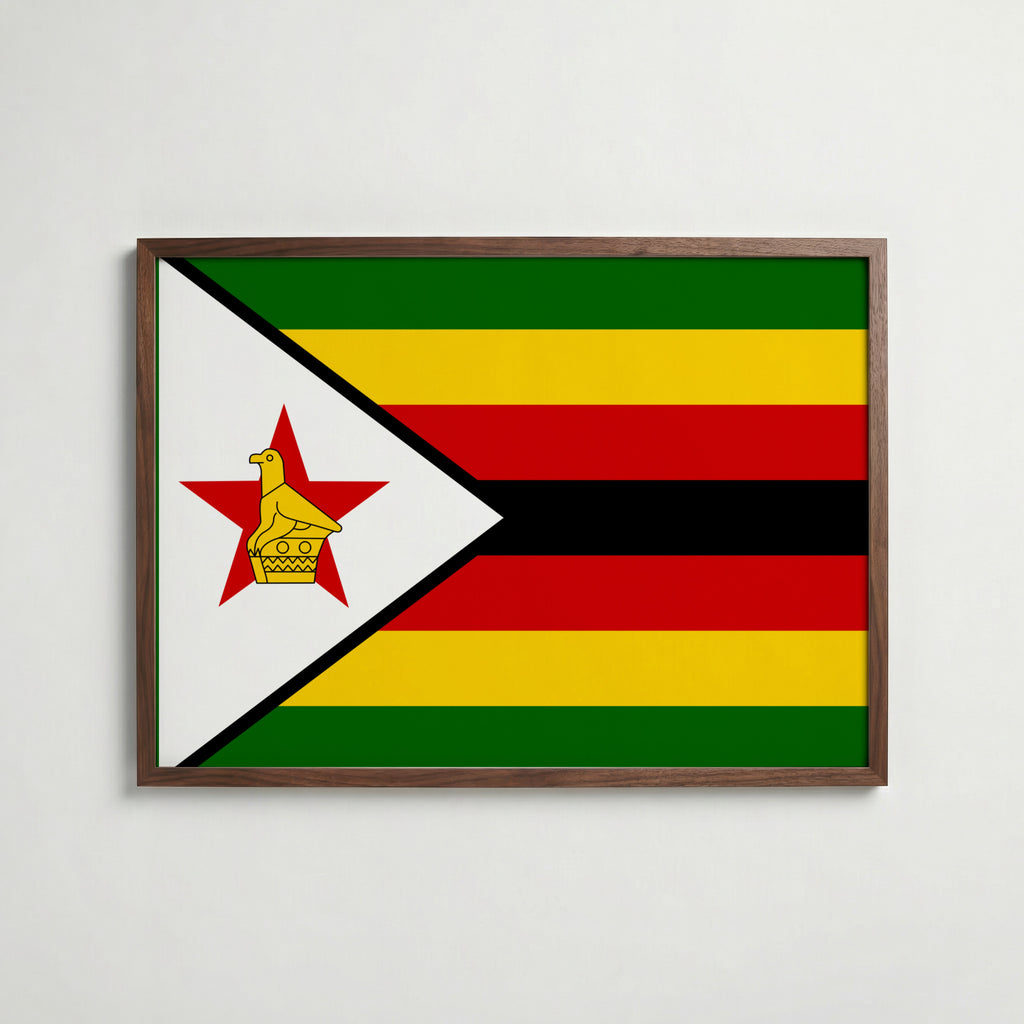 Zimbabwe National Flag Poster i valnötsram – varm konstaffisch för hemmet från Bozetto