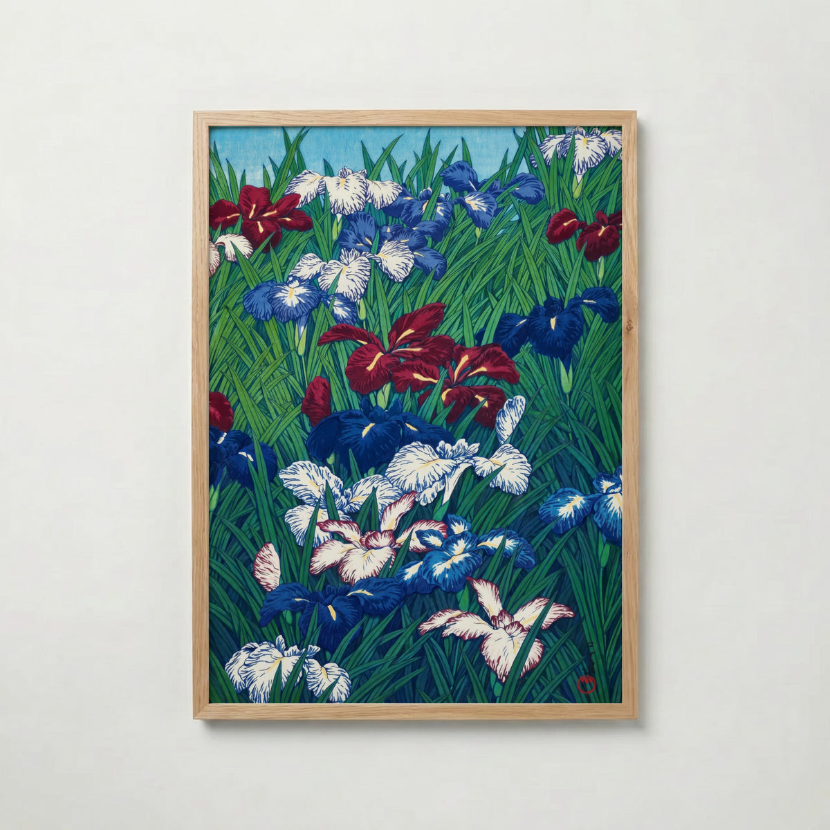 Ayame (Iris) Kawase Hasui i ekram med ljust trä – köp enkelt hos Bozetto affisch