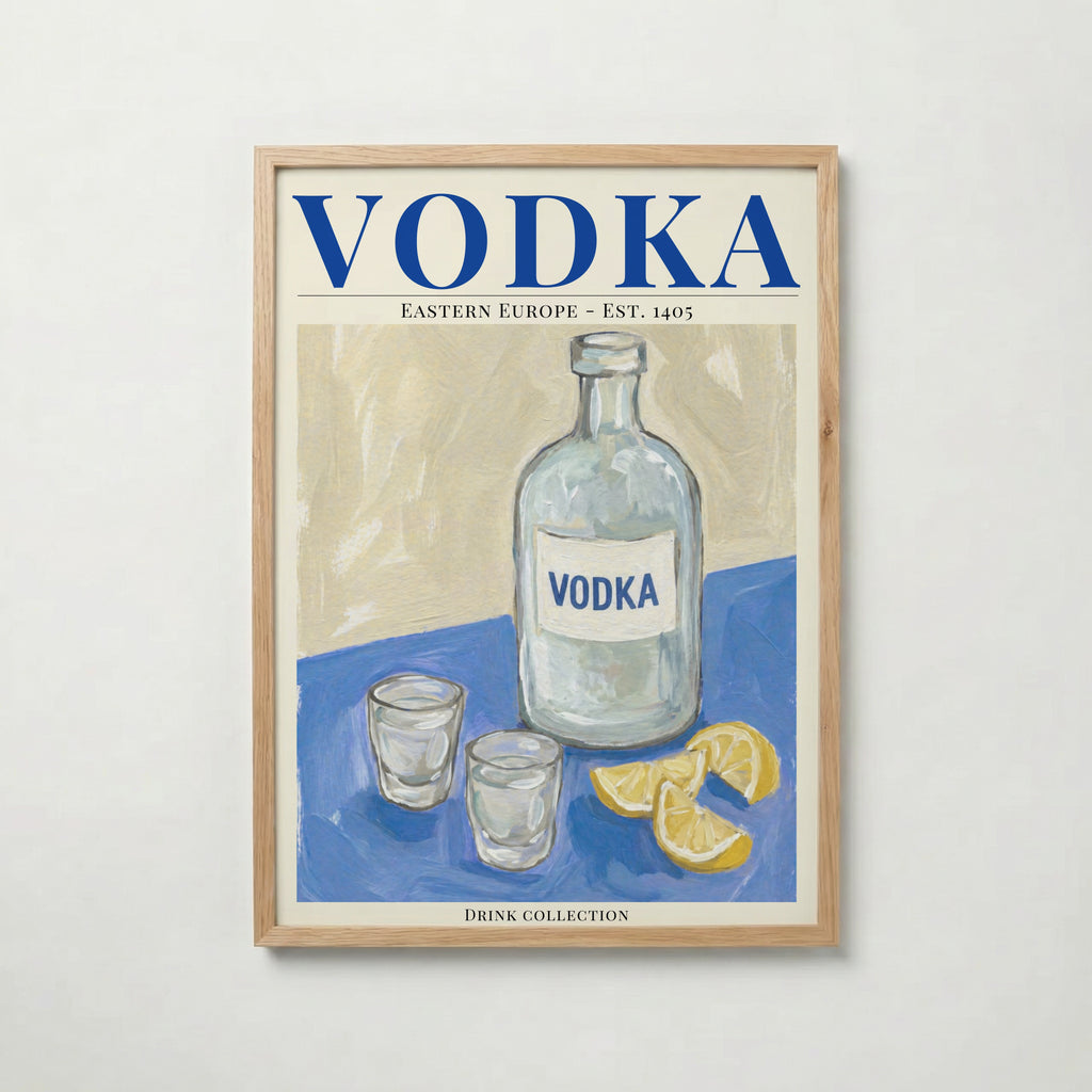 Vodka poster inramad i ljus ekram med naturligt träutseende – från Bozetto i hög tryckkvalitet