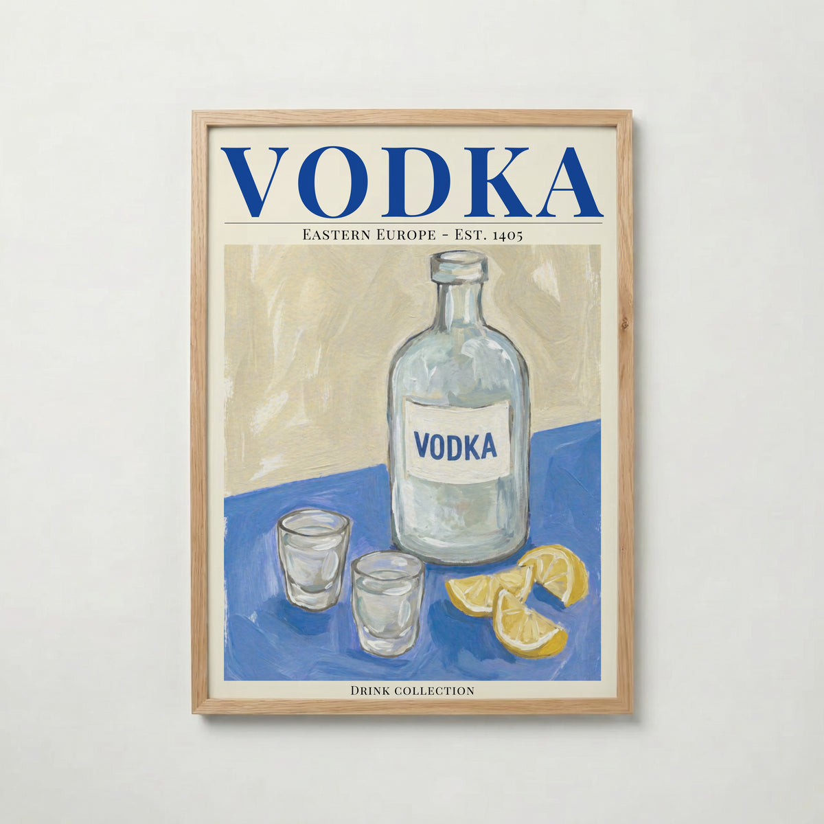 Vodka poster inramad i ljus ekram med naturligt träutseende – från Bozetto i hög tryckkvalitet