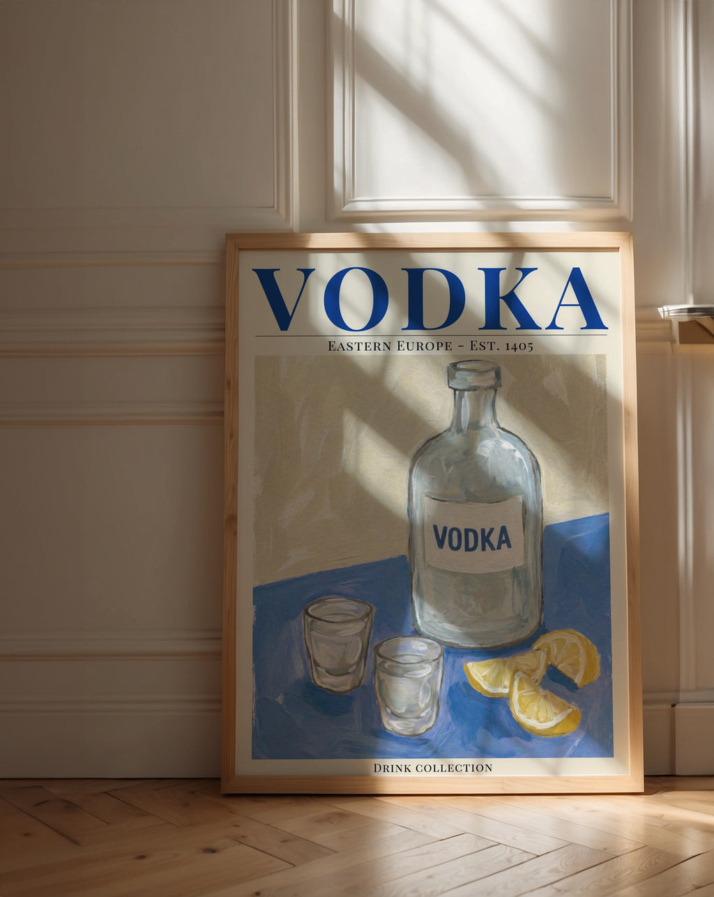 Vodka affisch i ljust minimalistiskt vardagsrum – köp enkelt hos Bozetto i hög kvalitet