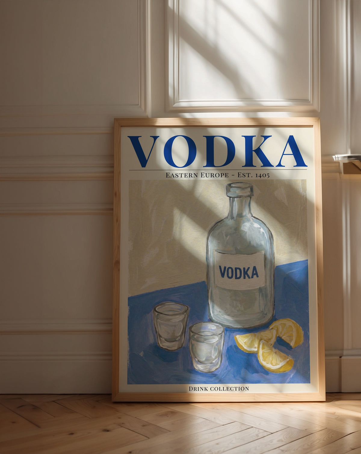 Vodka affisch i ljust minimalistiskt vardagsrum – köp enkelt hos Bozetto i hög kvalitet