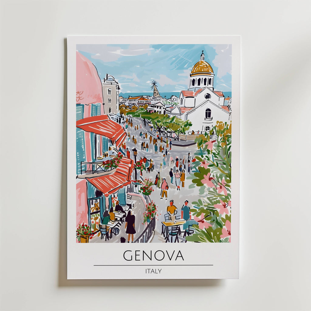 Genova Coastal Street Life – stilfullt konsttryck från Bozetto, tryckt på matt finpapper