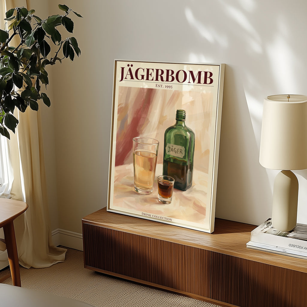 Jägerbomb affisch i minimalistiskt sovrum – köp enkelt hos Bozetto i hög kvalitet