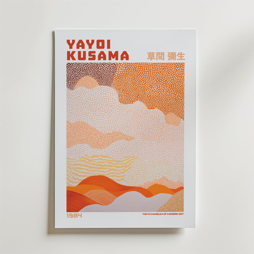 Mockup av Yayoi Kusama Desert of Dots affisch på vägg – köp enkelt hos Bozetto i hög kvalitet