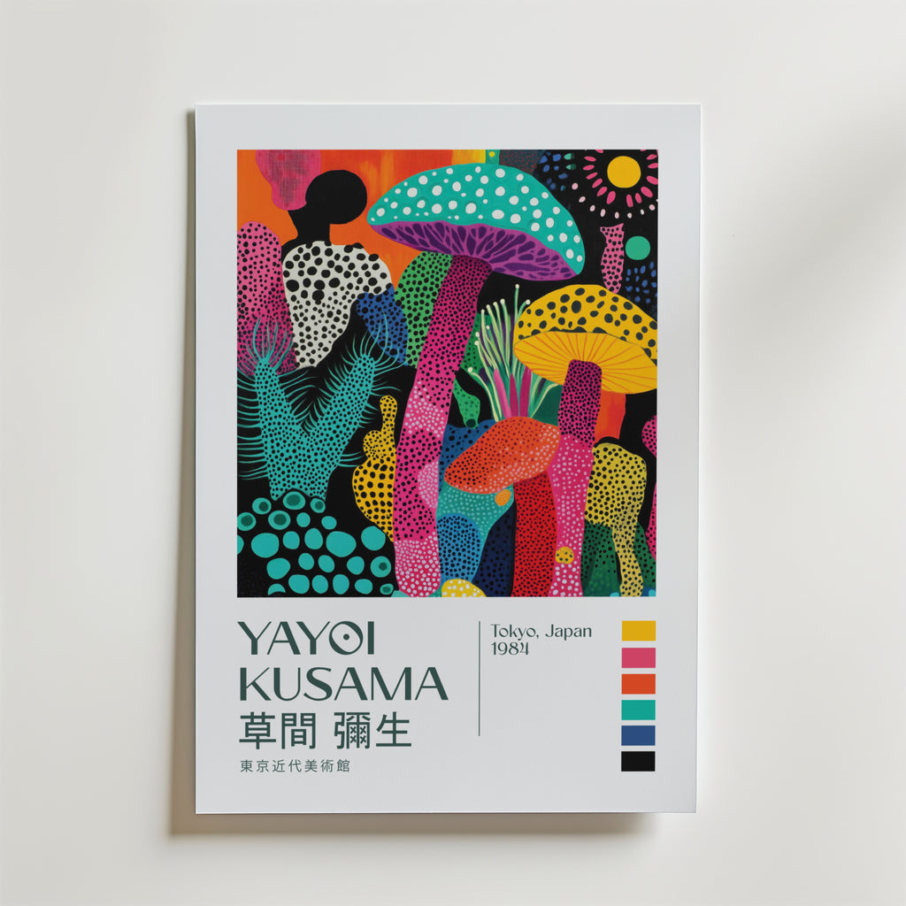 Mockup av Yayoi Kusama Enchanted affisch på vägg – köp enkelt hos Bozetto i hög kvalitet
