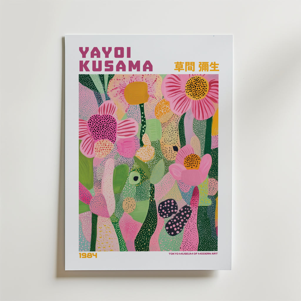 Mockup av Yayoi Kusama Spring Garden affisch på vägg – köp enkelt hos Bozetto i hög kvalitet