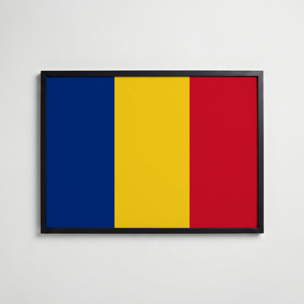 Romania National Flag Poster i svart ram – stilren konsttryck som väggdekor från Bozetto