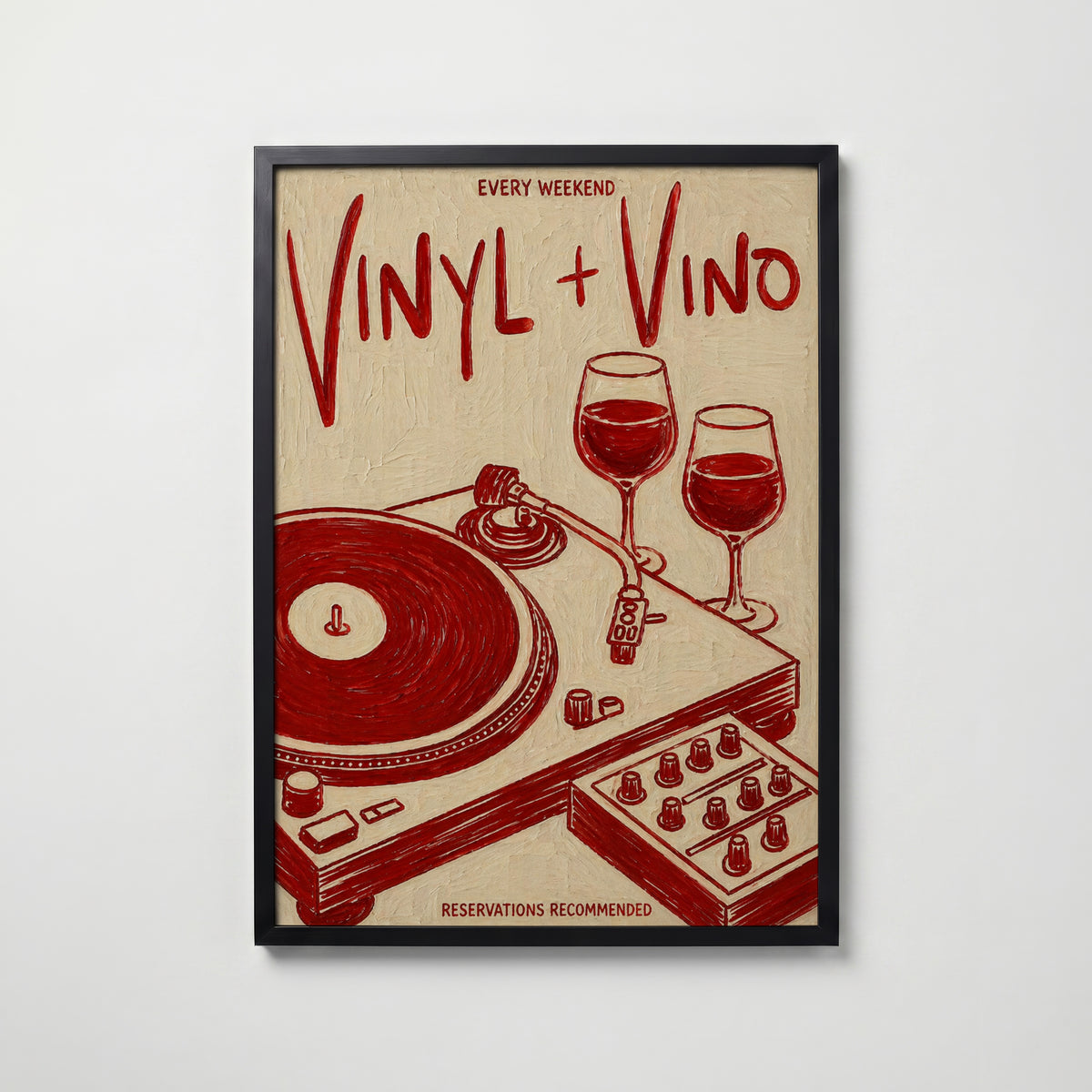 Vinyl & Vino i svart ram på vägg – köp enkelt hos Bozetto affisch i hög kvalitet