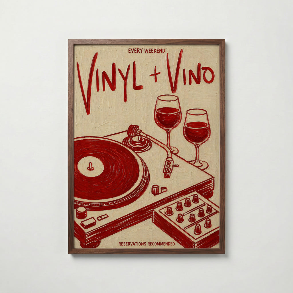 Vinyl & Vino affisch i valnötsram – mörkbrun inramning med exklusiv känsla, Bozetto