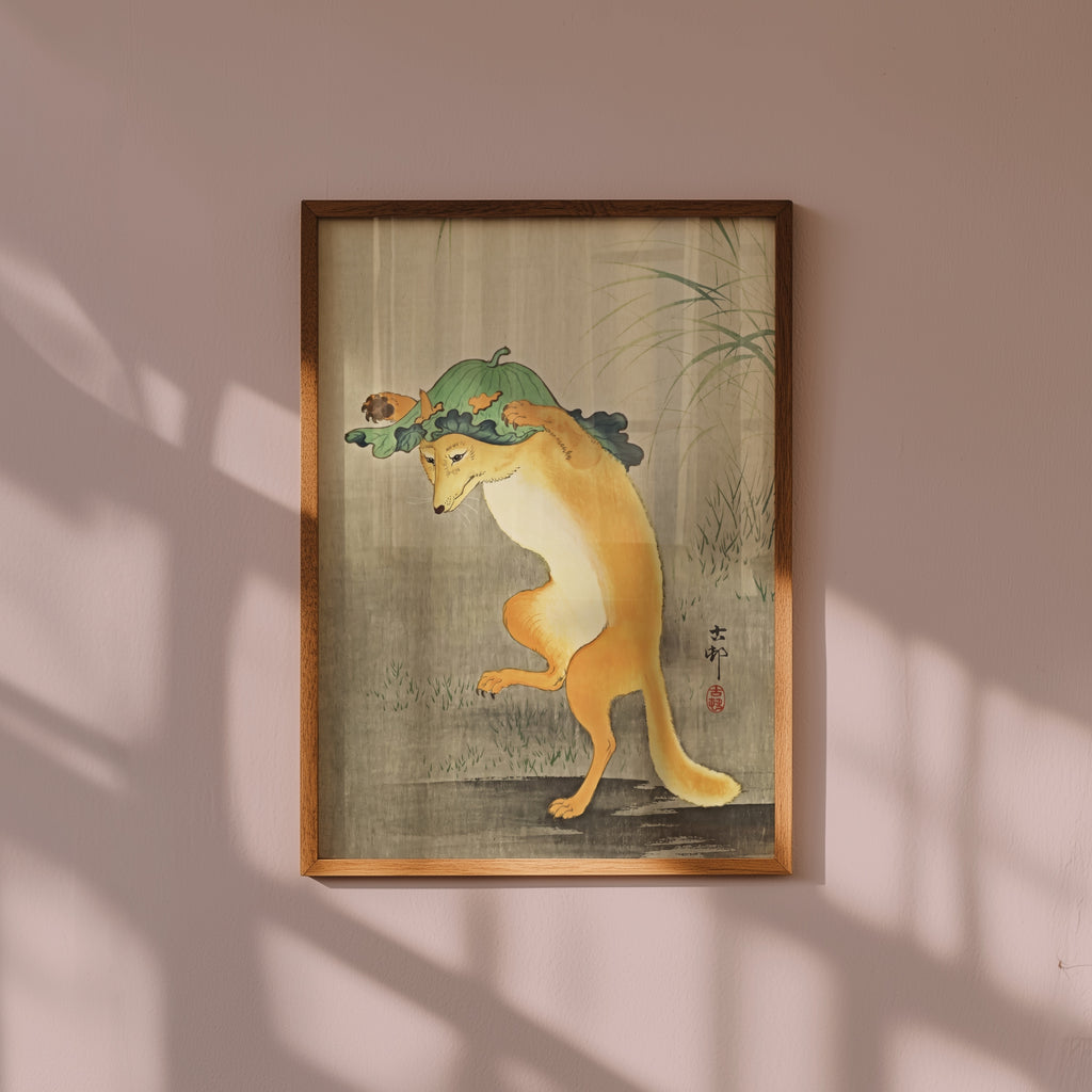 Dancing Fox Ohara Koson affisch i ljust minimalistiskt vardagsrum – köp enkelt hos Bozetto