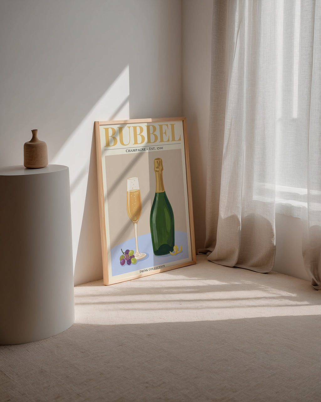 Bubbel affisch ovanför säng i minimalistiskt och stilrent sovrum – Bozetto i hög tryckkvalitet