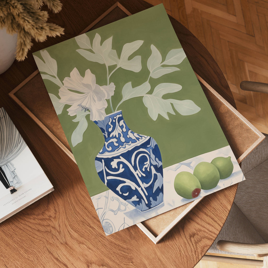 Blue Vase Still Life poster visad rakt fram – Bozetto affisch i hög tryckkvalitet