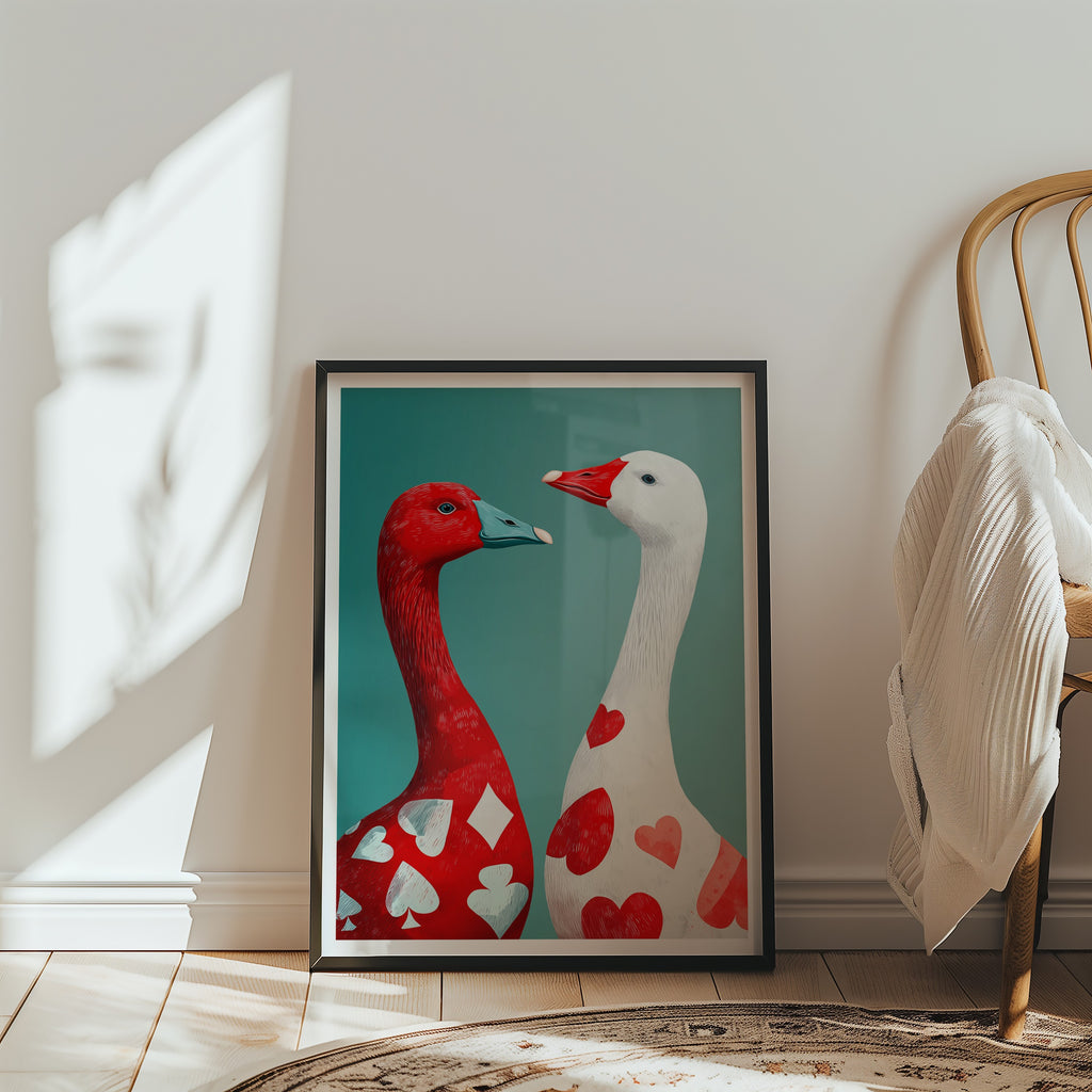 Mockup av Heart & Spade Geese affisch på vägg – köp enkelt hos Bozetto i hög kvalitet