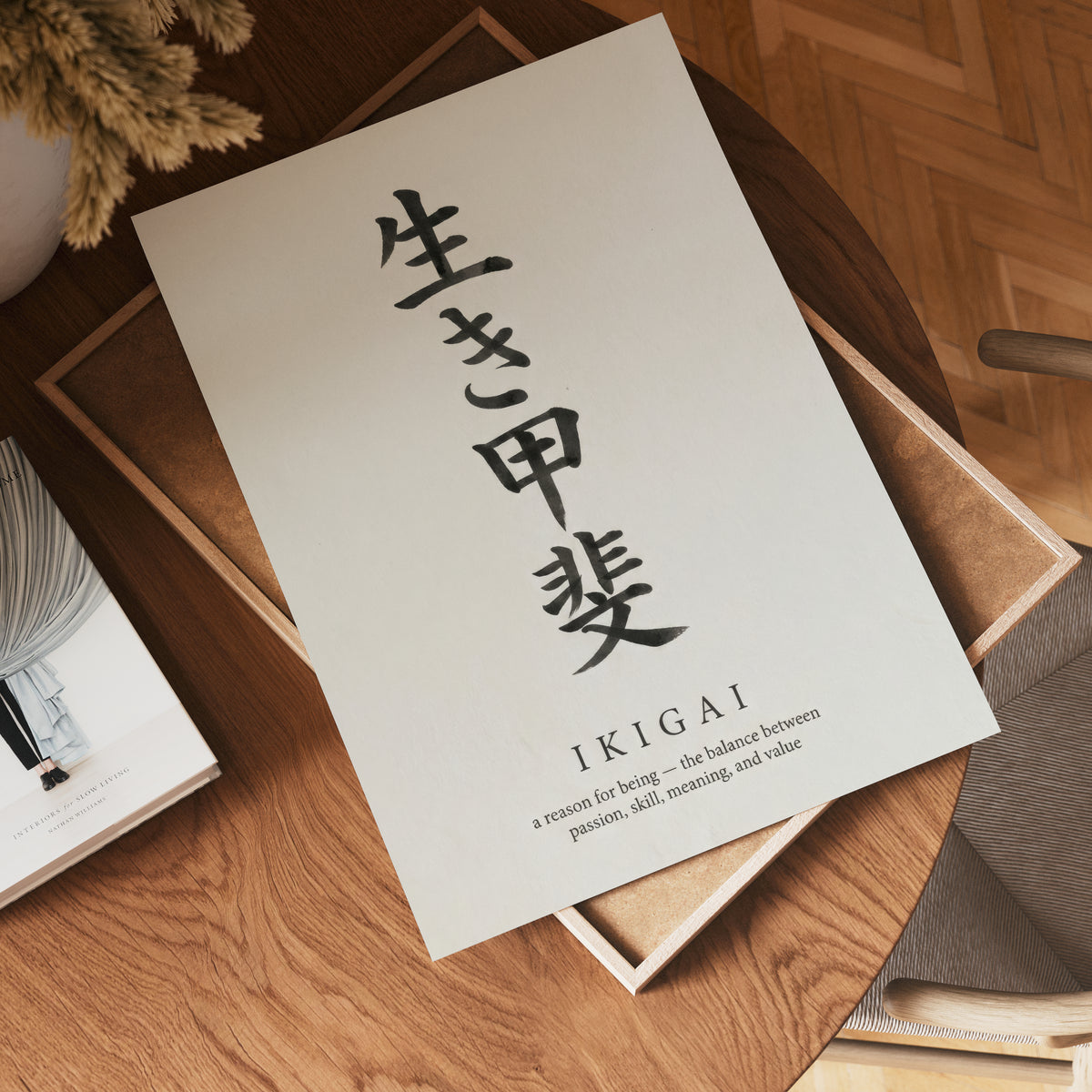 Ikigai Minimal konsttryck på vit bakgrund – elegant Bozetto affisch för hemmet i hög tryckkvalitet