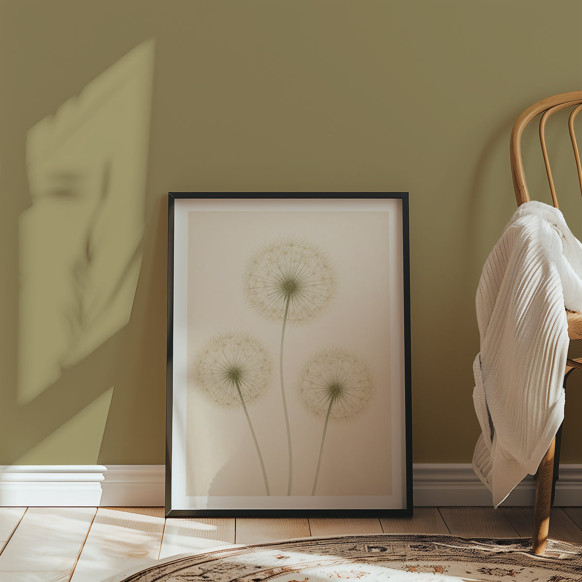 Quiet Dandelion Trio affisch i minimalistiskt sovrum – köp enkelt hos Bozetto i hög kvalitet