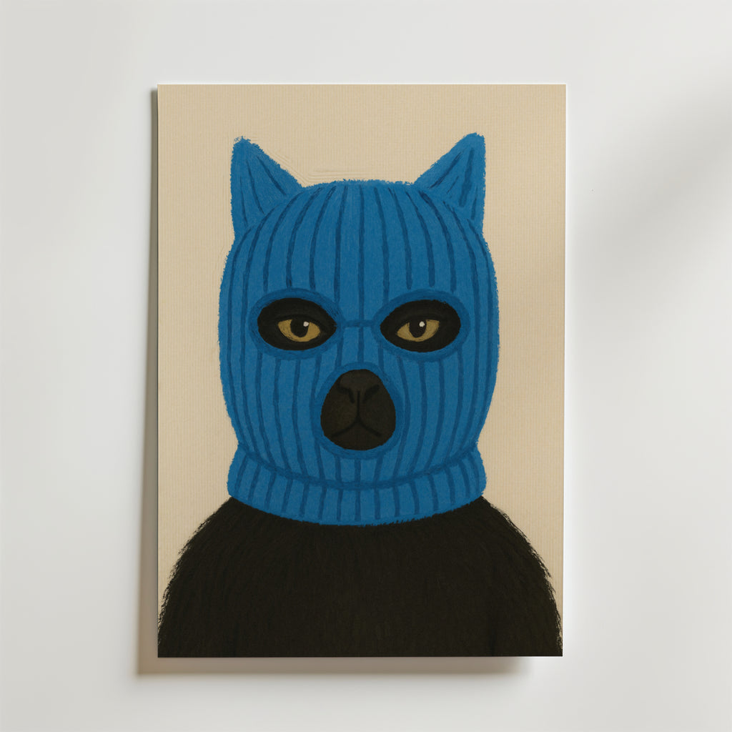 Blue Bandit Cat – stilfullt konsttryck från Bozetto, tryckt på matt finpapper i hög tryckkvalitet