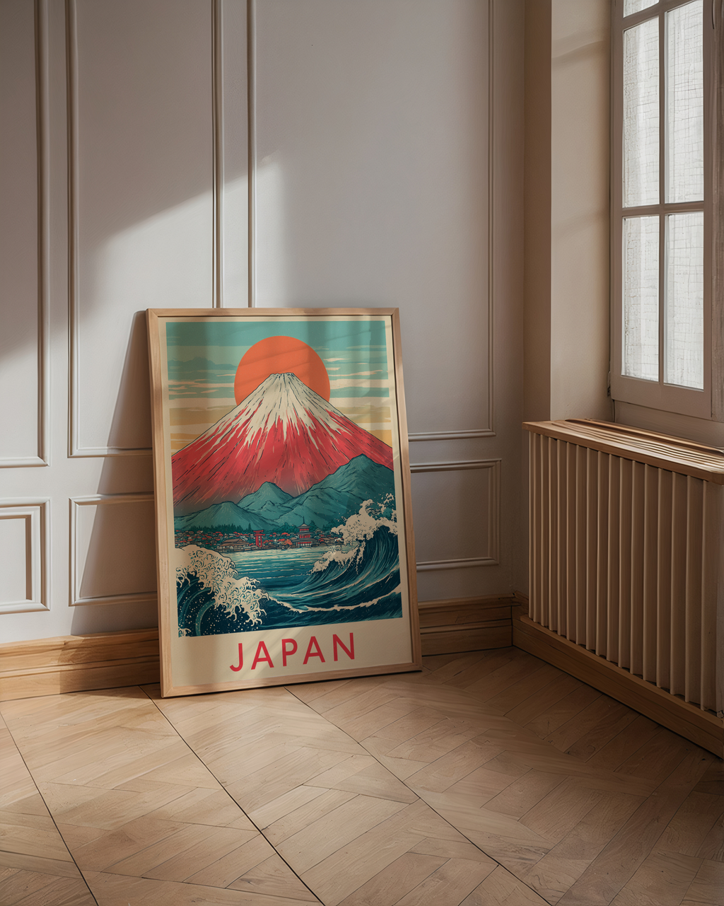 Mockup av Japanese Wave and Mountain affisch på vägg – köp enkelt hos Bozetto i hög kvalitet