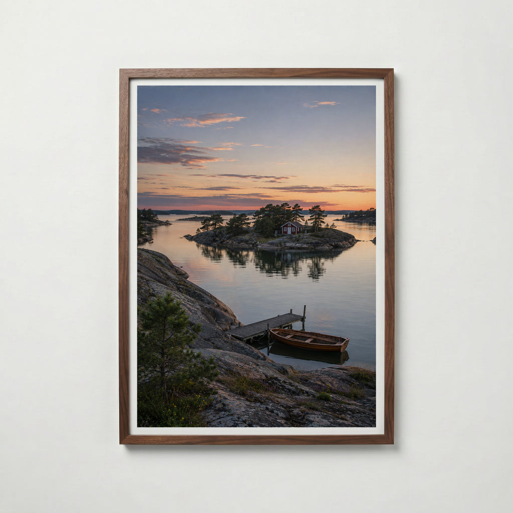 Archipelago Cabin at Dusk affisch i valnötsram – mörkbrun inramning med lyxig känsla, Bozetto
