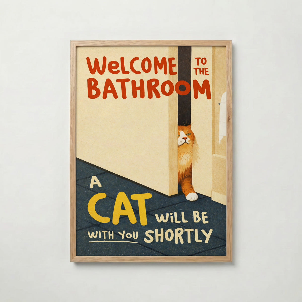 Bathroom Waiting Cat – affisch med snyggt motiv, köp enkelt hos Bozetto i flera storlekar