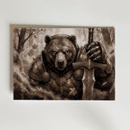 Bear Knight Poster – björn i keltiskt graverat rustningsstal håller tvåhandssvärd i höstskog