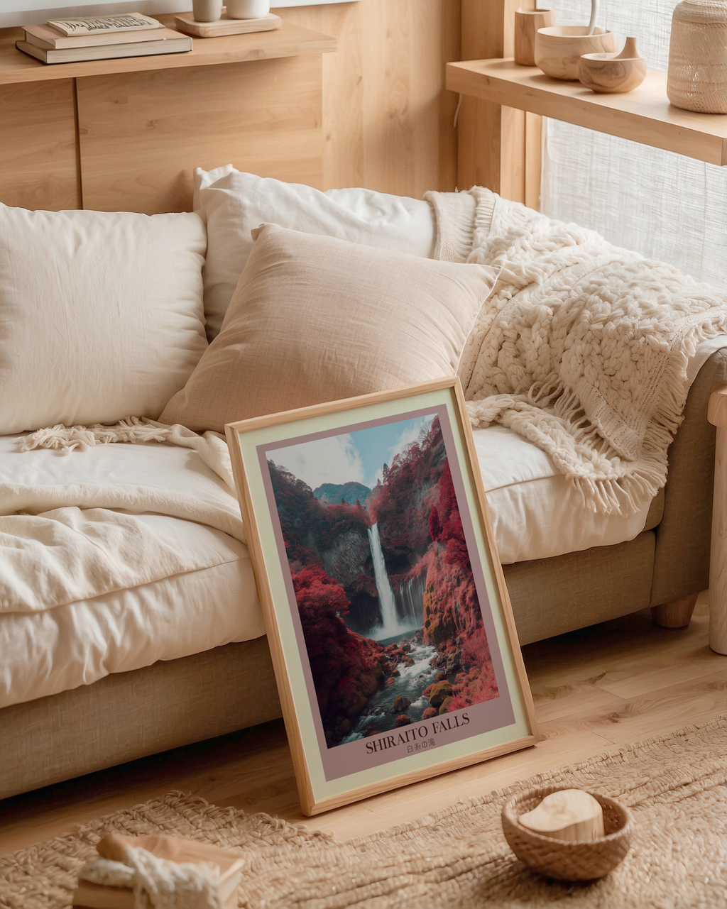 Mockup av Shiraito Falls affisch på vägg – köp enkelt hos Bozetto i hög kvalitet