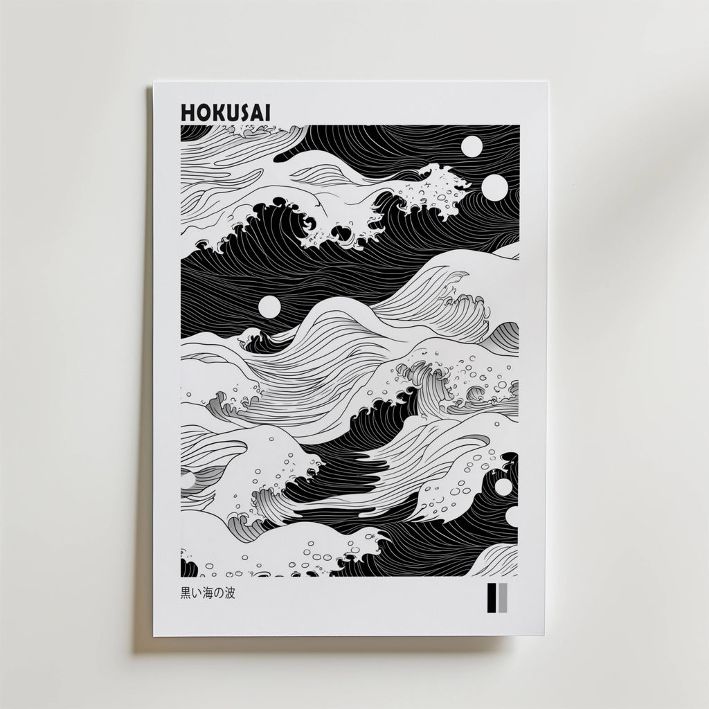 Black and White Hokusai – stilfullt konsttryck från Bozetto, tryckt på matt finpapper