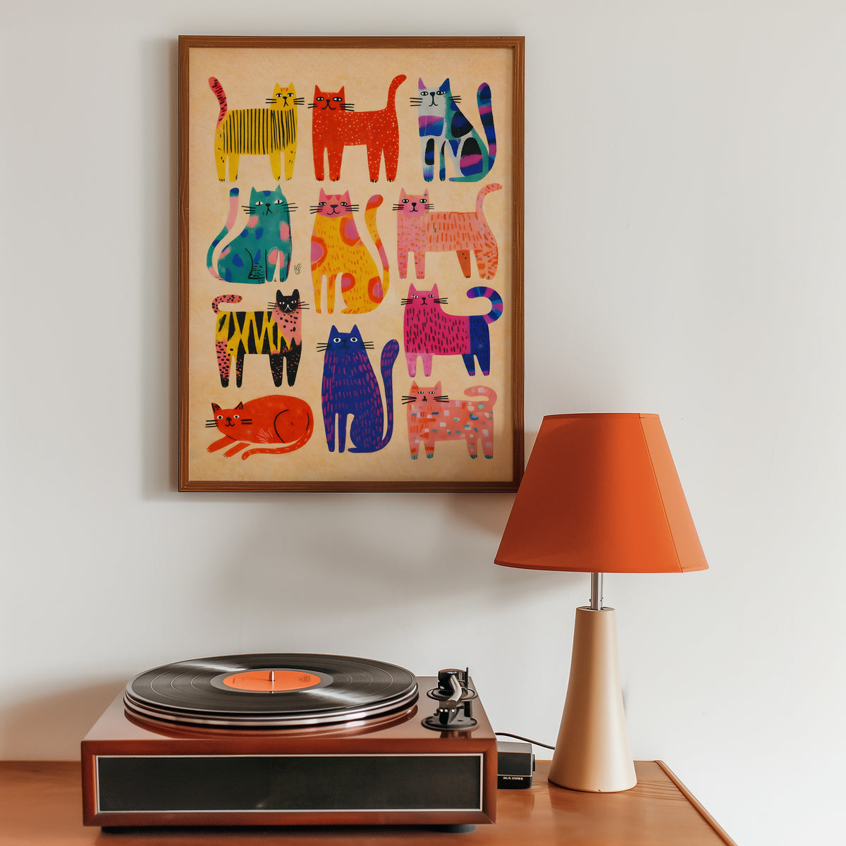 Colorful Cat Parade affisch i ram i stilren miljö – Bozetto väggkonst i hög kvalitet