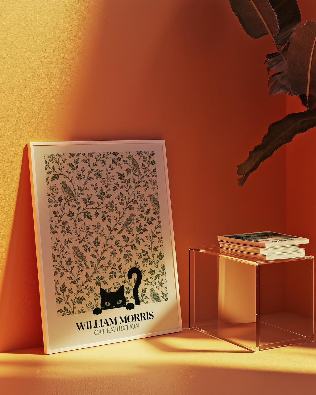 Cat Among the Birds William Morris Poster – svart katt kikar nyfiket fram ur William Morris fågelmönster