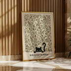 Cat Among the Birds William Morris Poster – svart katt kikar nyfiket fram ur William Morris fågelmönster