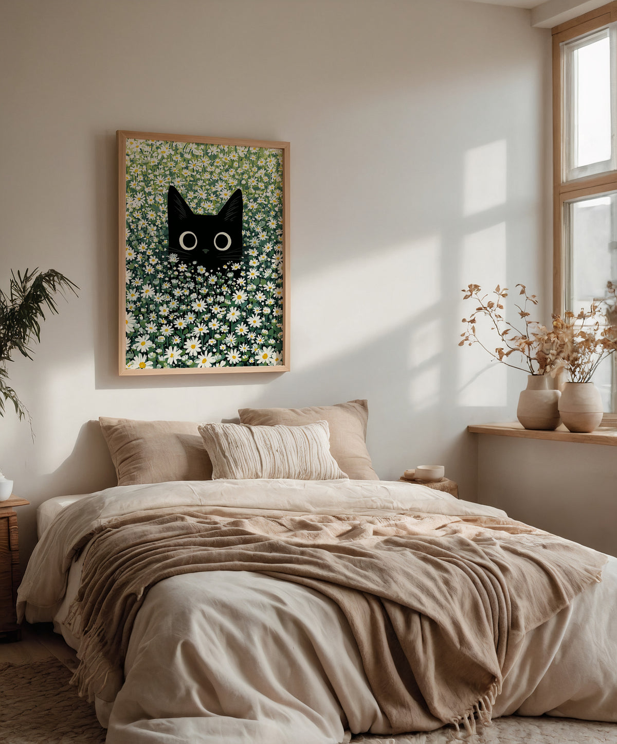 Cat in Green Grass Poster – svart katt bland vita prästkragar ovanför soffan i hemmiljö, konsttryck från Bozetto