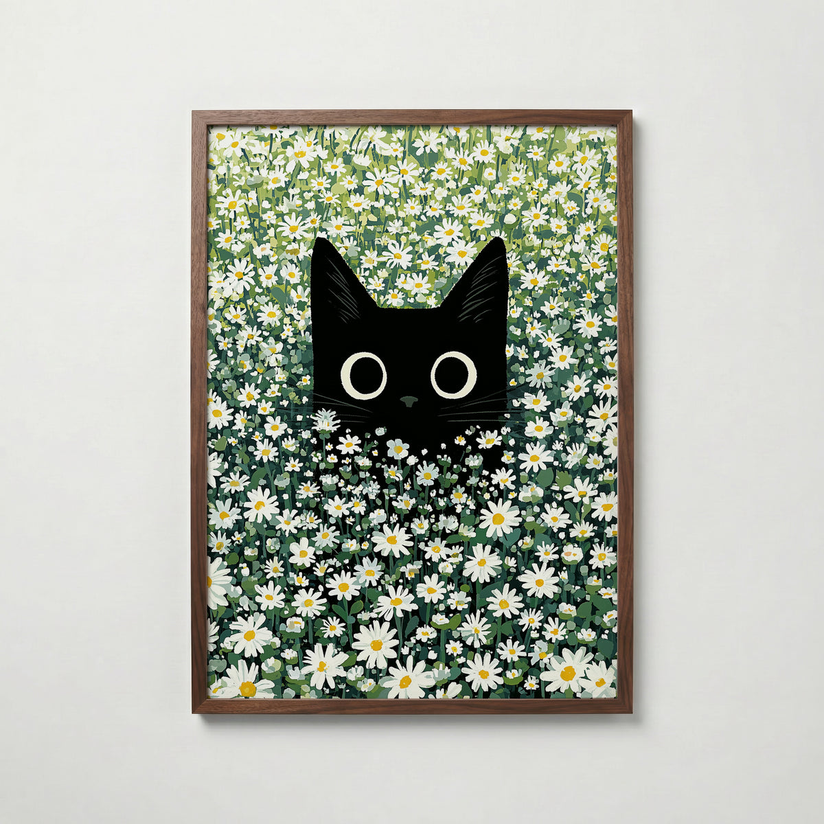 Cat in Green Grass Poster – svart katt bland vita prästkragar i valnötsram, konst från Bozetto