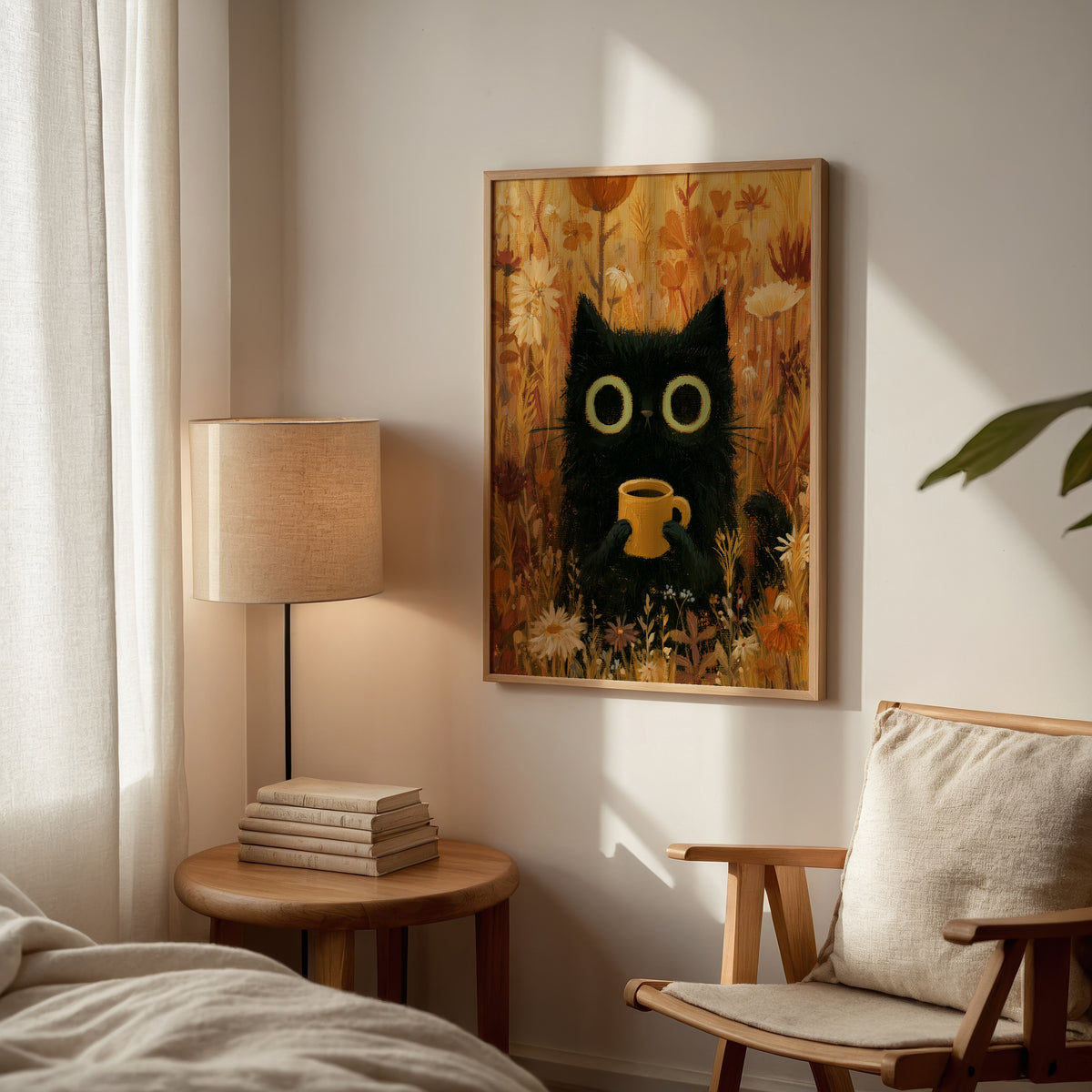 Cat in Orange Meadow Poster – svart katt med kaffekopp i höstäng ovanför soffan i hemmiljö, konsttryck från Bozetto