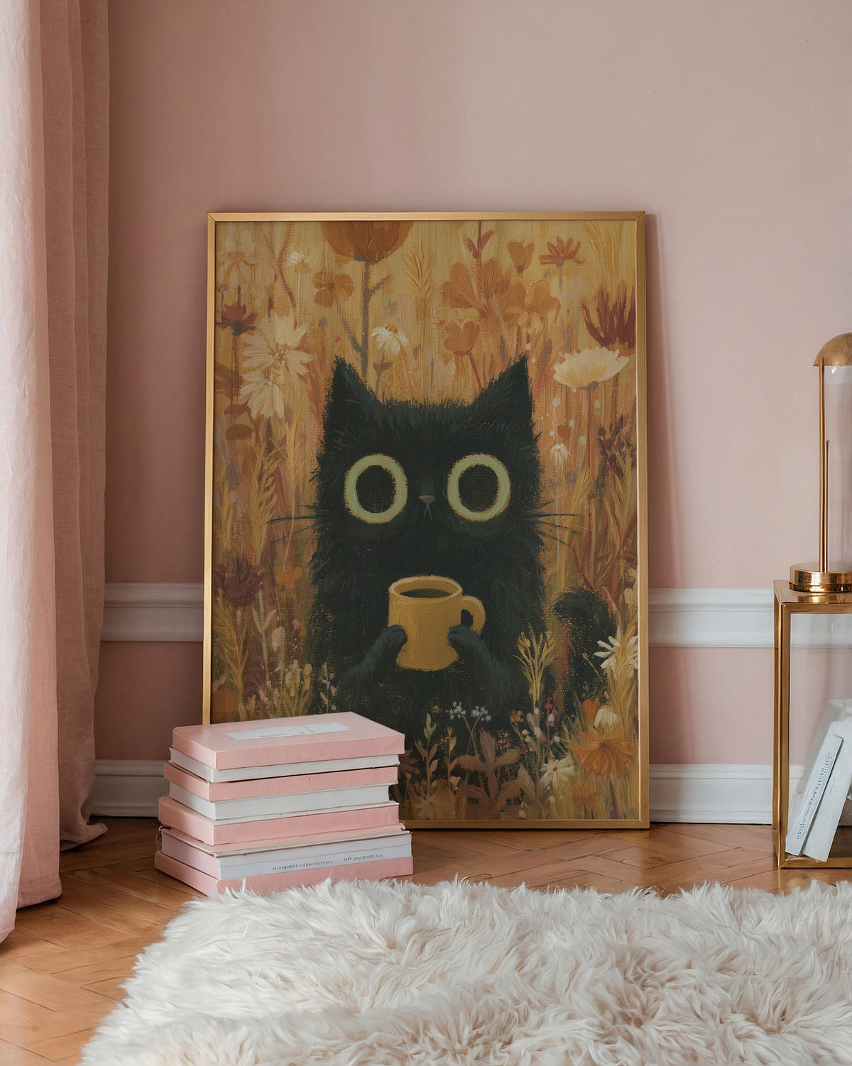Cat in Orange Meadow Poster – svart katt med kaffekopp i höstäng på vägg i inrett rum, fri frakt över 499 kr