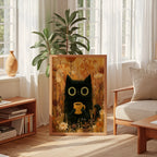 Cat in Orange Meadow Poster – svart katt med kaffekopp i höstäng i modern hemmiljö, poster från Bozetto
