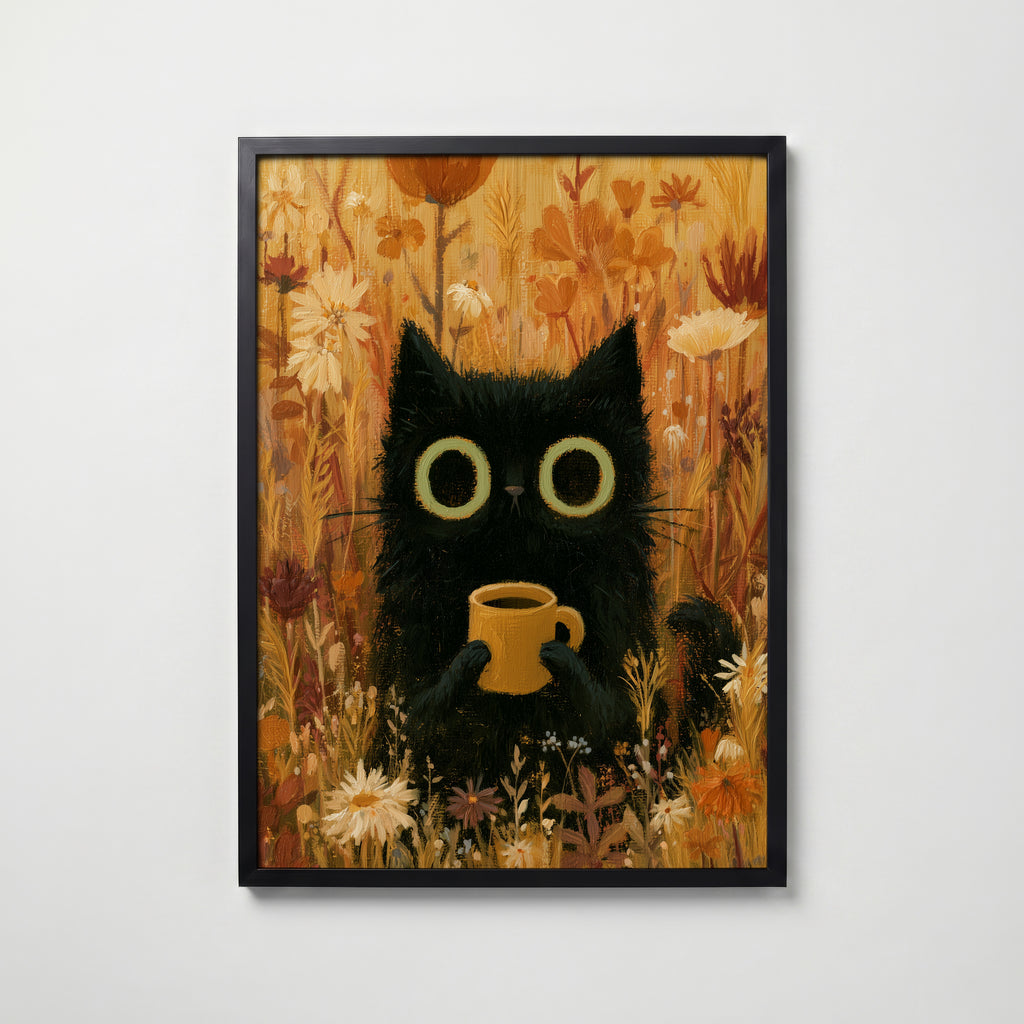 Cat in Orange Meadow Poster – svart katt med kaffekopp i höstäng i svart ram, tryckt i Sverige