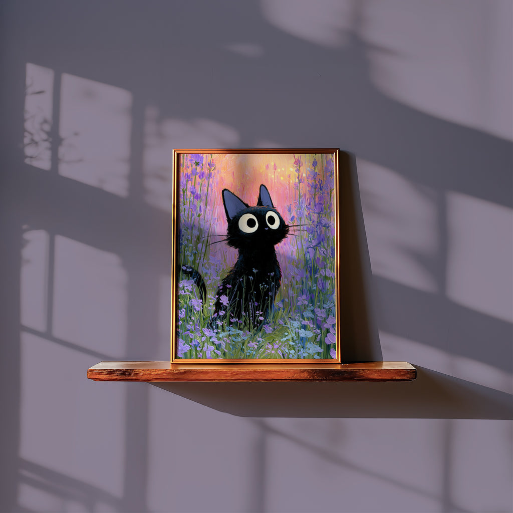 Cat in Violette Meadow Poster – svart katt i lavendeläng i skymning i ljust vardagsrum, väggkonst från Bozetto