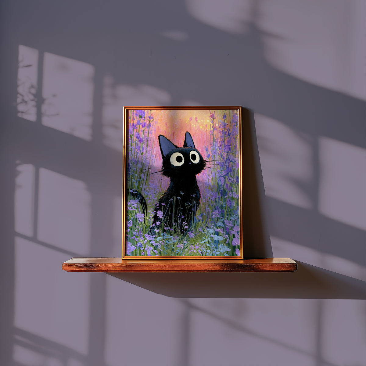 Cat in Violette Meadow Poster – svart katt i lavendeläng i skymning i ljust vardagsrum, väggkonst från Bozetto