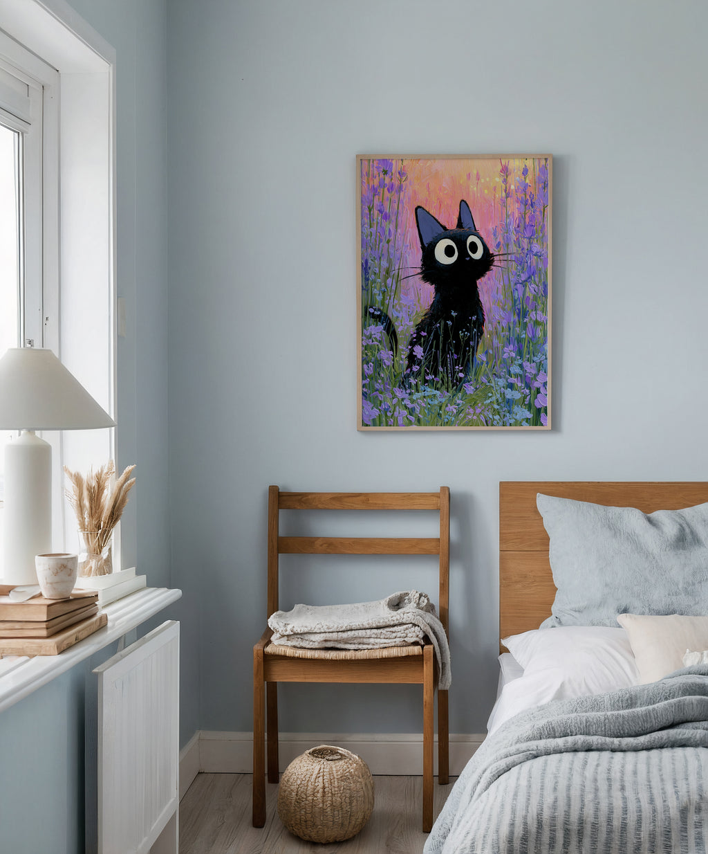 Cat in Violette Meadow Poster – svart katt i lavendeläng i skymning ovanför soffan i hemmiljö, konsttryck från Bozetto