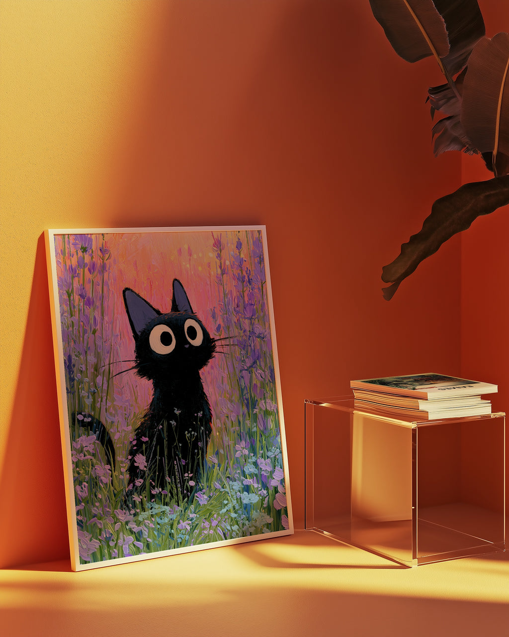 Cat in Violette Meadow Poster – svart katt i lavendeläng i skymning i modern hemmiljö, poster från Bozetto