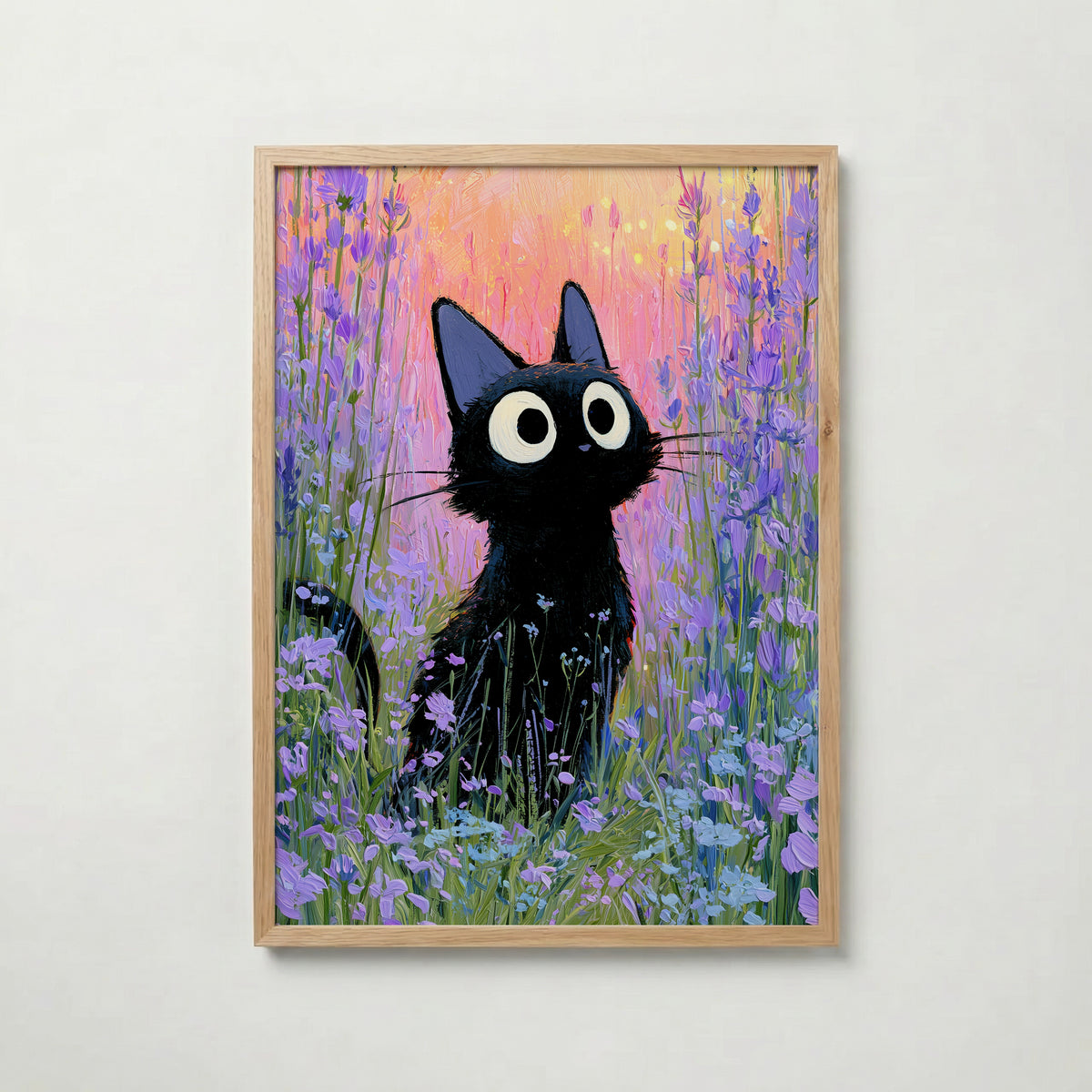 Cat in Violette Meadow Poster – svart katt i lavendeläng i skymning i ekram, väggkonst från Bozetto