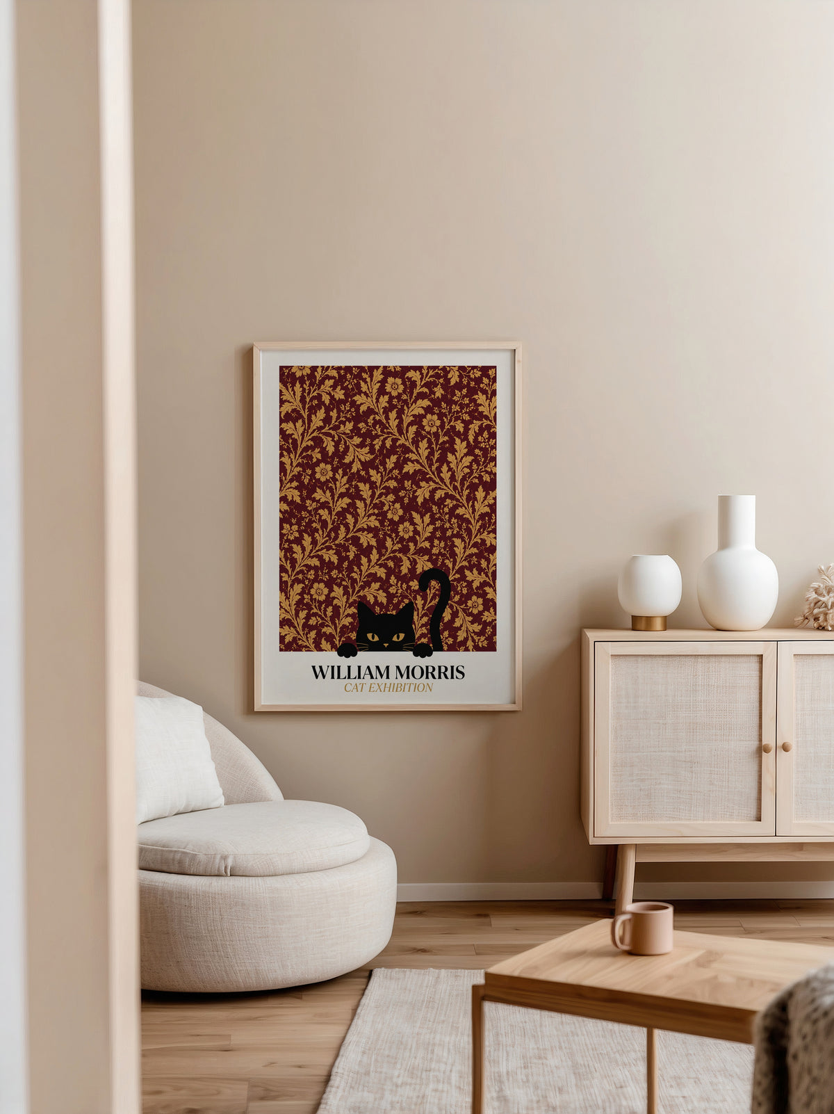 Cat in the Acanthus William Morris Poster – svart katt gömd bland William Morris akantusblad i burgundy och guld